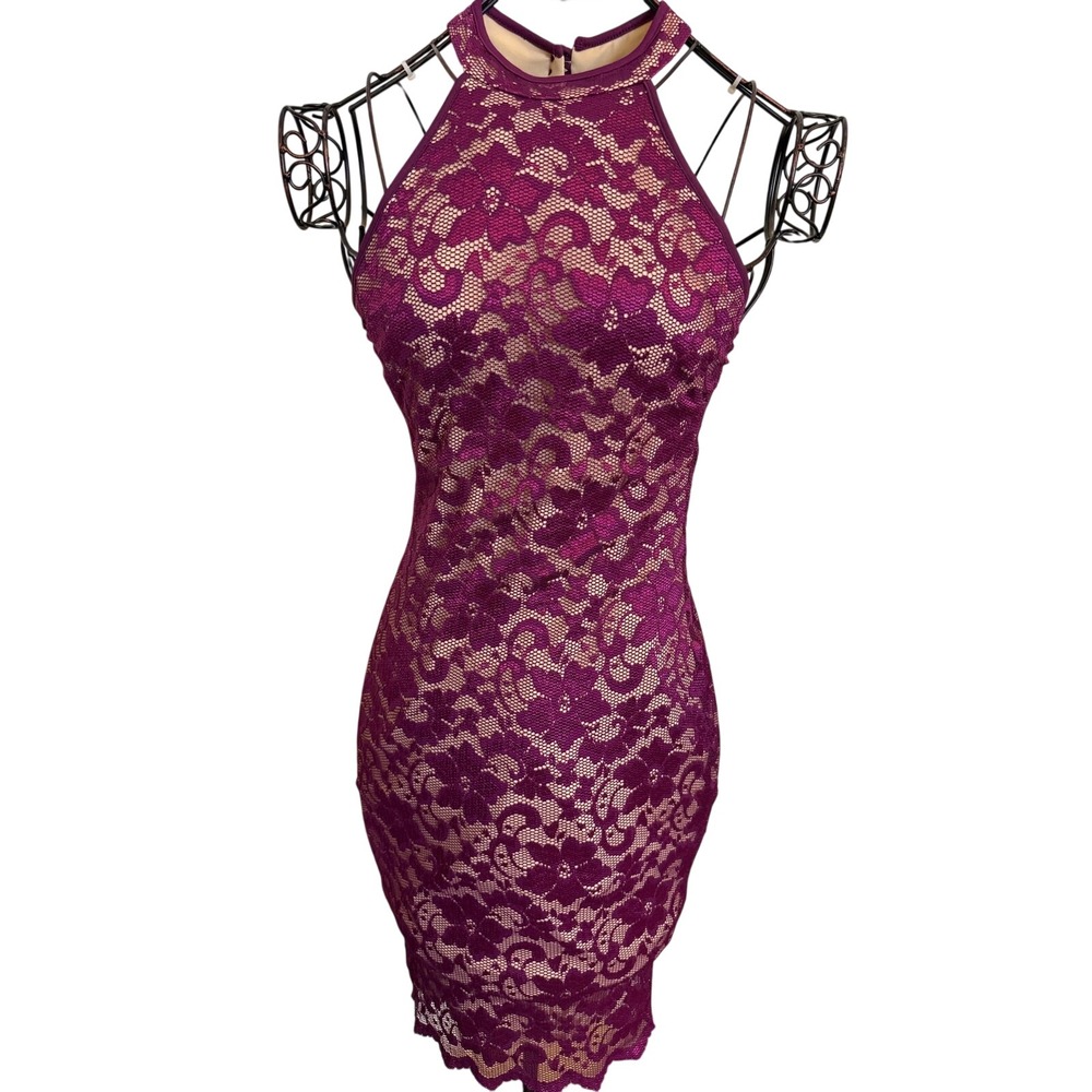 Burgundy Lace Overlay Sheath Halter Dress croquette size small Bodycon wedding